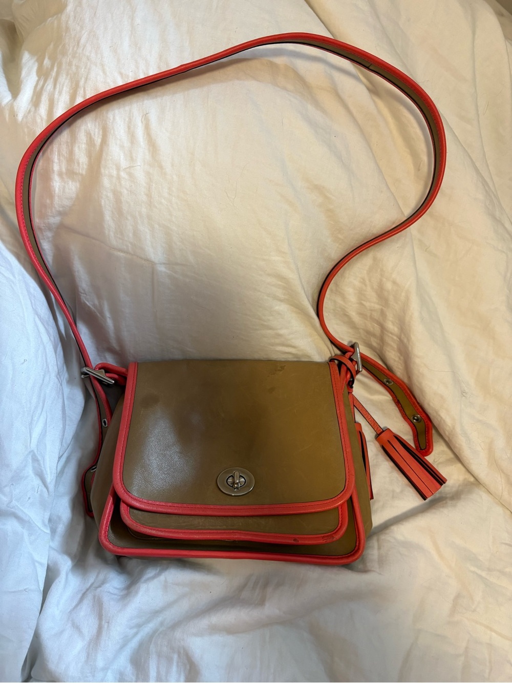 Archival Legacy Leather Turnlock “Rambler” Saddle Bag. Tan And Coral With Silver